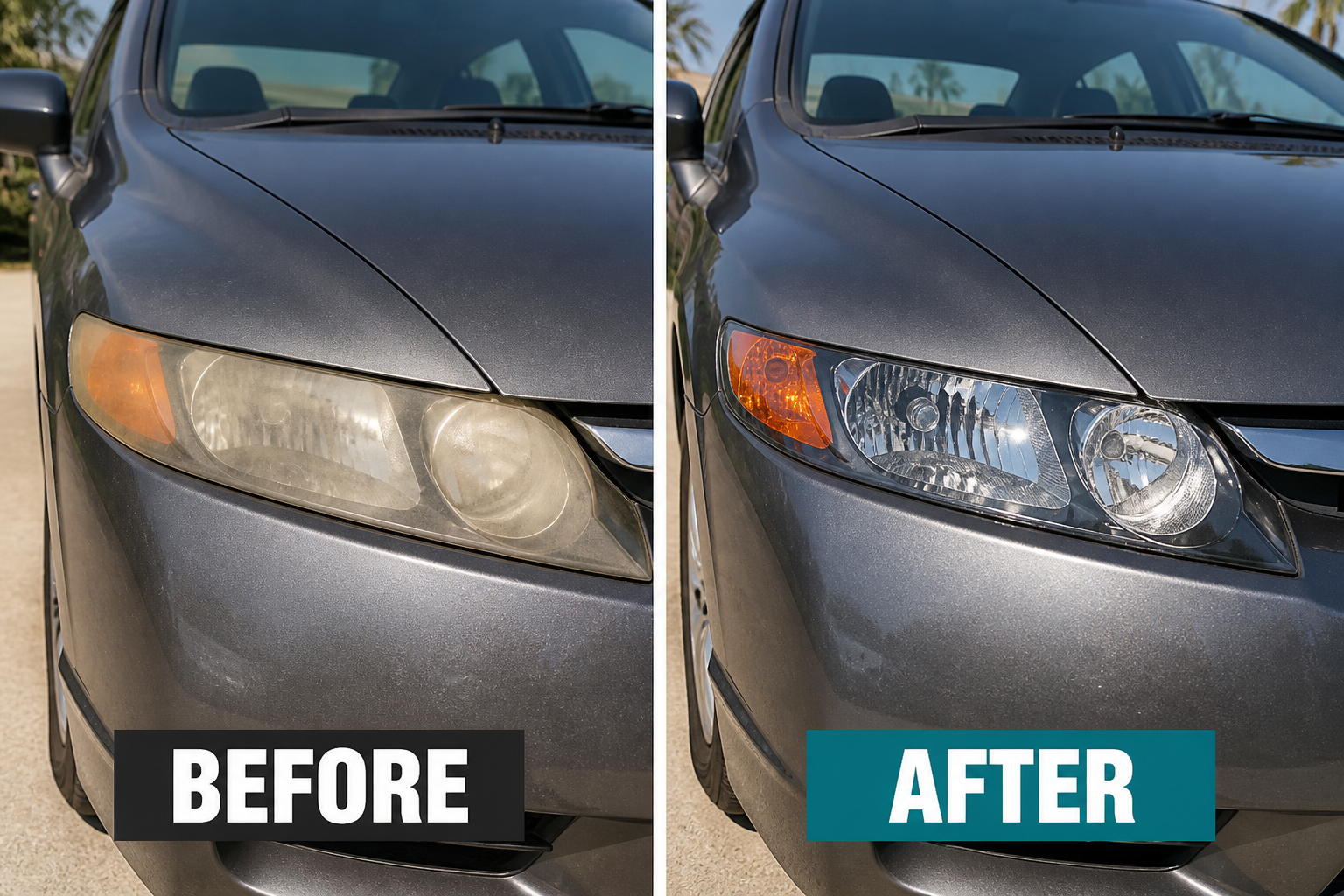 Before and after headlight restoration on a gray 2010 Honda Civic