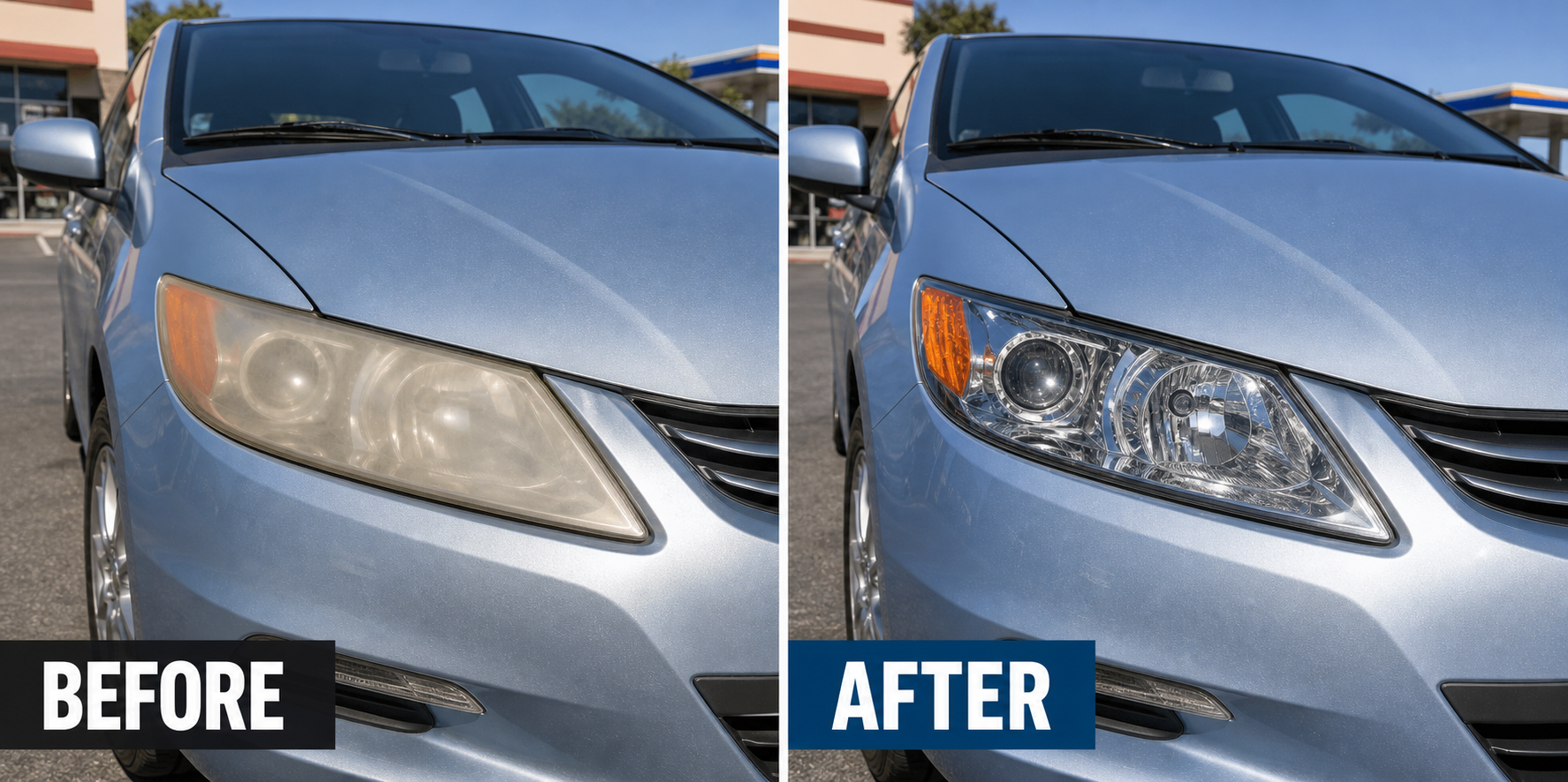Before and after headlight restoration on a light blue Honda Insight