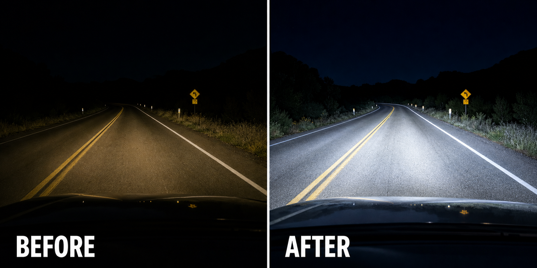 Night road before and after comparison showing brighter headlight visibility after restoration