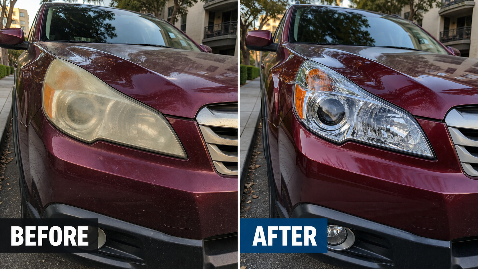 Before and after headlight restoration on a gray 2010 Subaru Outback